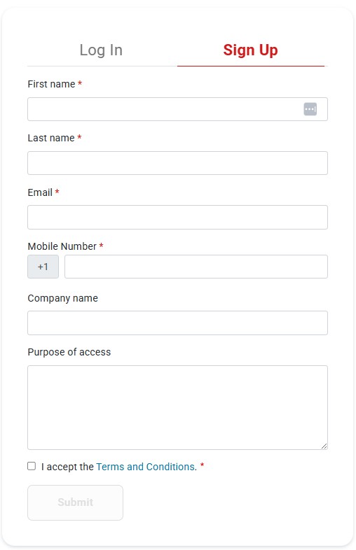 Log in and Sign up screen with Log in tab selected
