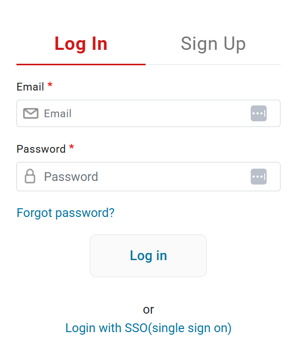 Login screen with “Log In” tab selected and “Sign Up” tab available. Form includes required email and password fields, a “Forgot password?” link, a “Log in” button, and an option to “Login with SSO (single sign on).”