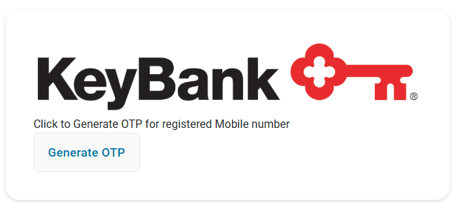 KeyBank page displaying logo and a prompt to generate a one-time password (OTP) for a registered mobile number, with a “Generate OTP” button.