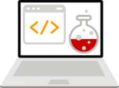 Laptop with code screen and beaker for experiments.